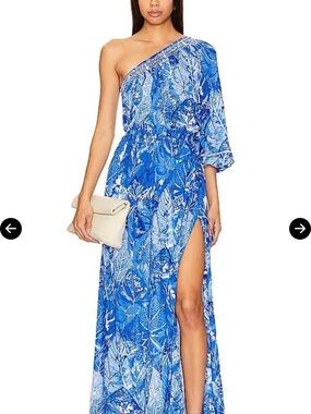 Poupette St Barth One-Shoulder Blue Leaf-Print Maxi Dress